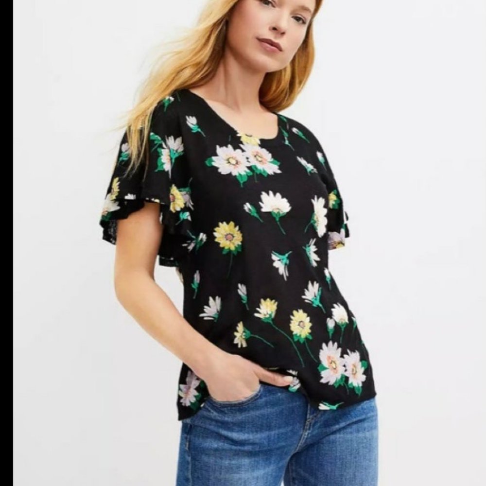 Black Floral Linen Flutter Sleeve Top - Loft - Size Small NWT